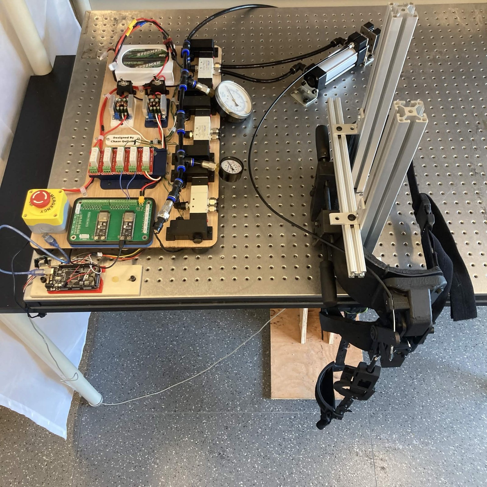 Exoskeleton test bench V2, laid out for hip-abduction load-cell data acquisition